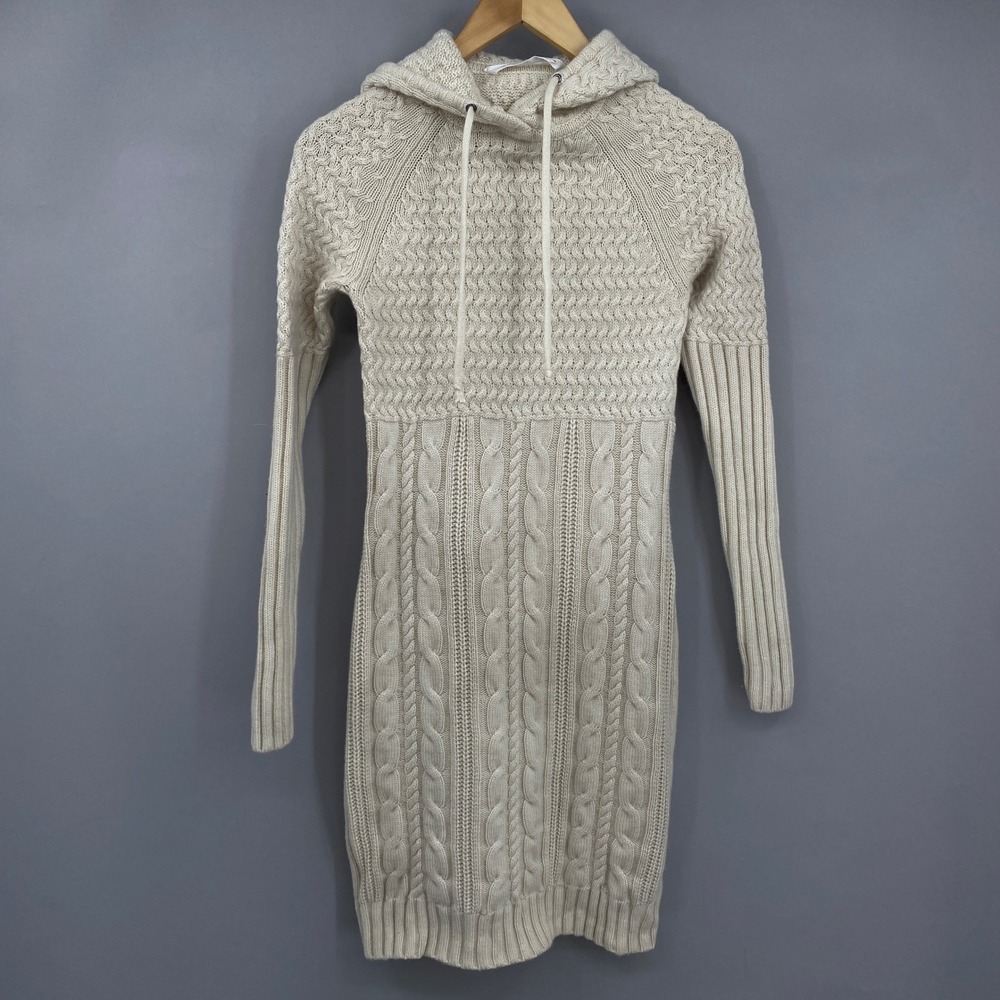 Athleta Coldspell Cable Knit Hooded Sweater Dress Womens XS Cream Merino Wool
